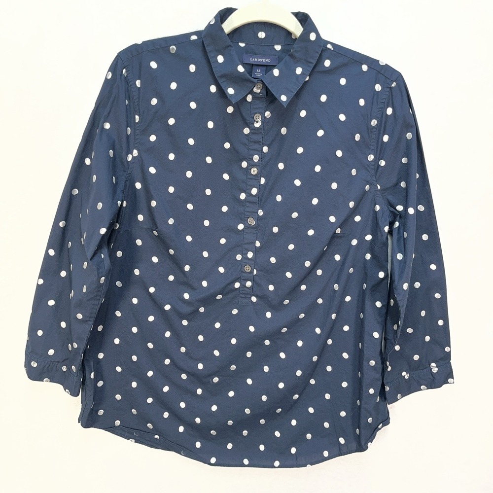 Land's End Button Front Shirt Womens 12 Navy Blue White Silver Polka Dot Career